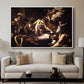 The Martyrdom of Saint Matthew, 1599-1600 by Caravaggio displayed in a white floater framed canvas above a sofa in a clean living room.
