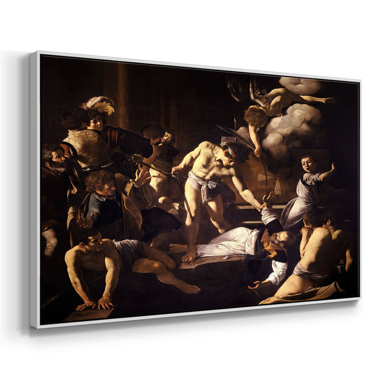 Angled view of The Martyrdom of Saint Matthew, 1599-1600 by Caravaggio in a white floater framed canvas.