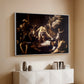 White floater framed canvas of The Martyrdom of Saint Matthew, 1599-1600 by Caravaggio, featuring a dramatic moment of martyrdom with figures reacting in panic above a console cabinet in a minimalist entryway.