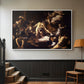 White floater framed canvas featuring a Baroque composition of movement and emotion during martyrdom, displayed in a hallway near a staircase.