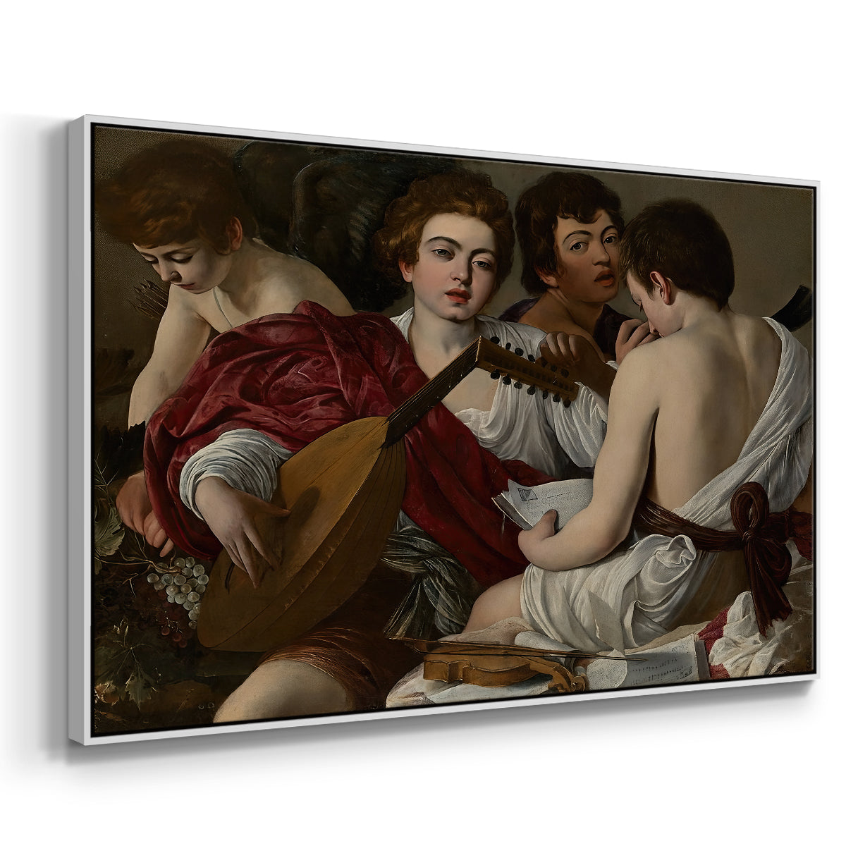 Angled view of The Musicians, c. 1595 by Caravaggio in a white floater framed canvas.
