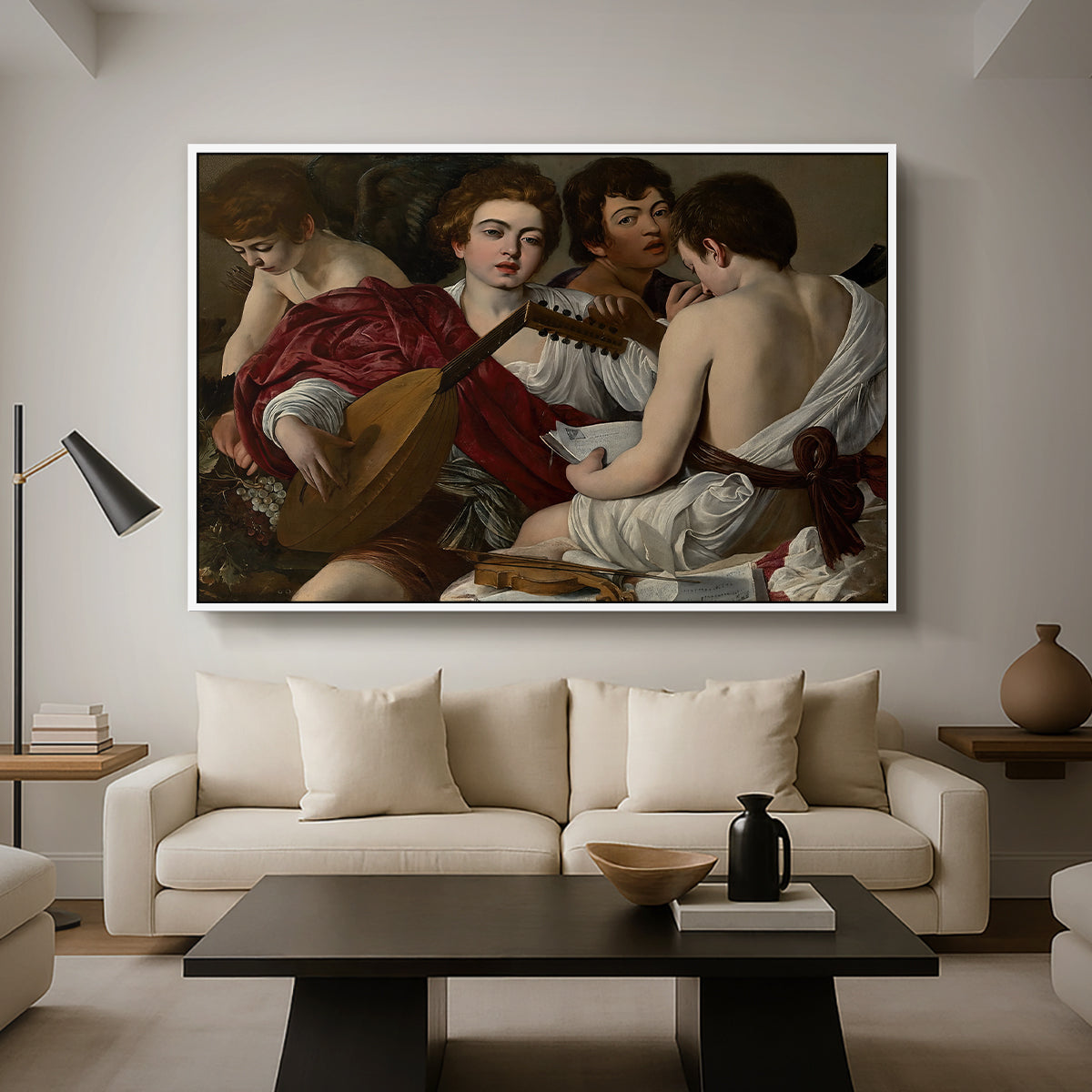 The Musicians, c. 1595 by Caravaggio as a white floater framed canvas featuring a group of young men gathered together playing music with instruments, displayed above a sofa in a modern living room.