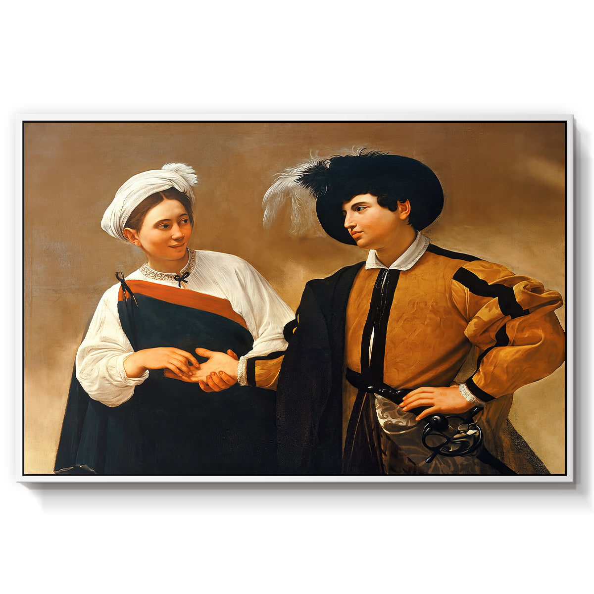 The Fortune Teller (Capitoline Version), c. 1599 by Caravaggio in a white floater framed canvas wall art display.
