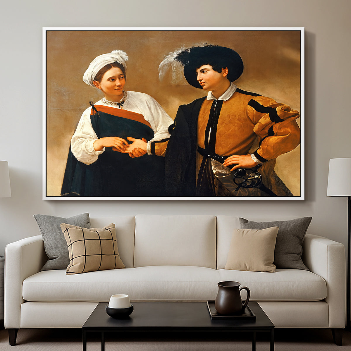 The Fortune Teller (Capitoline Version), c. 1599 by Caravaggio displayed in a white floater framed canvas above a sofa in a clean living room.