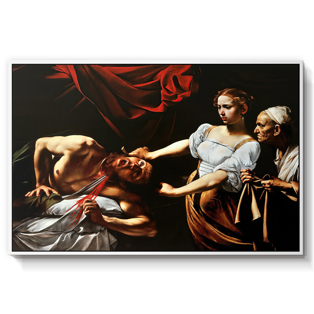 Judith Beheading Holofernes, c. 1599 by Caravaggio in a white floater framed canvas wall art display.