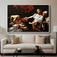Judith Beheading Holofernes, c. 1599 by Caravaggio displayed in a white floater framed canvas above a sofa in a clean living room.