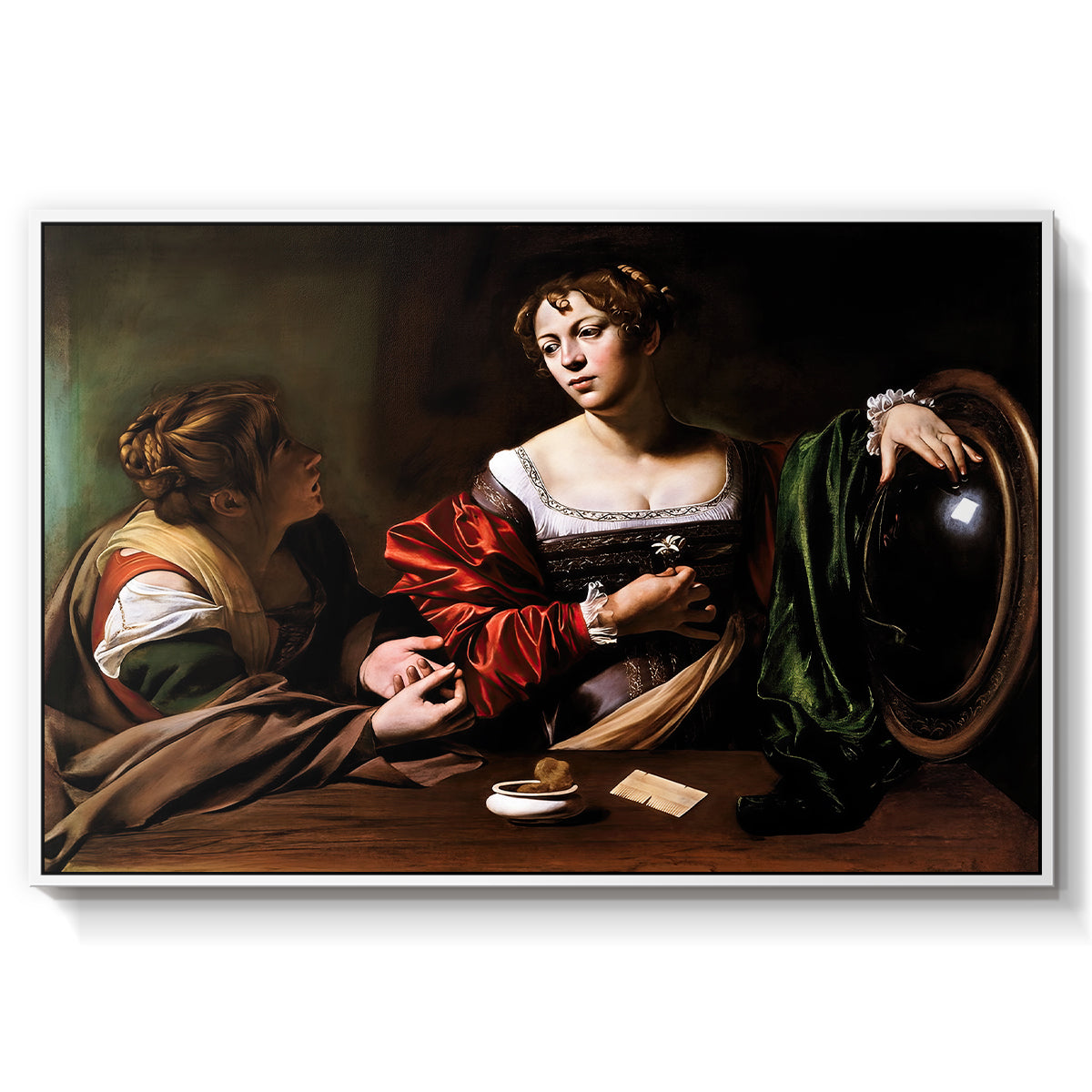 Martha and Mary Magdalene, c. 1598 by Caravaggio in a white floater framed canvas wall art display.