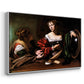 Angled view of Martha and Mary Magdalene, c. 1598 by Caravaggio in a white floater framed canvas.