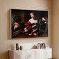 White floater framed canvas of Martha and Mary Magdalene, c. 1598 by Caravaggio, featuring a biblical scene of Martha speaking to Mary Magdalene indoors above a console cabinet in a minimalist entryway.
