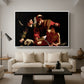 The Sacrifice of Isaac (Uffizi Version), c. 1603 by Caravaggio as a white floater framed canvas featuring Abraham holding Isaac while angel intervenes to stop the sacrifice, displayed above a sofa in a modern living room.