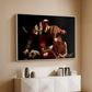 White floater framed canvas of The Sacrifice of Isaac (Uffizi Version), c. 1603 by Caravaggio, featuring a biblical scene of father about to sacrifice son as angel restrains him above a console cabinet in a minimalist entryway.