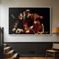 White floater framed canvas featuring an intense religious narrative with figures in close physical struggle, displayed in a hallway near a staircase.