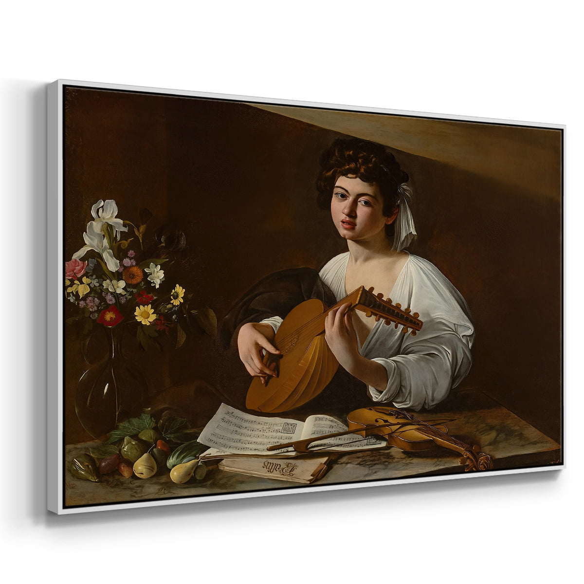 Angled view of The Lute Player (Hermitage Version), c. 1596 by Caravaggio in a white floater framed canvas.