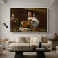 The Lute Player (Hermitage Version), c. 1596 by Caravaggio as a white floater framed canvas featuring a young musician playing lute beside table with fruit and sheet music, displayed above a sofa in a modern living room.