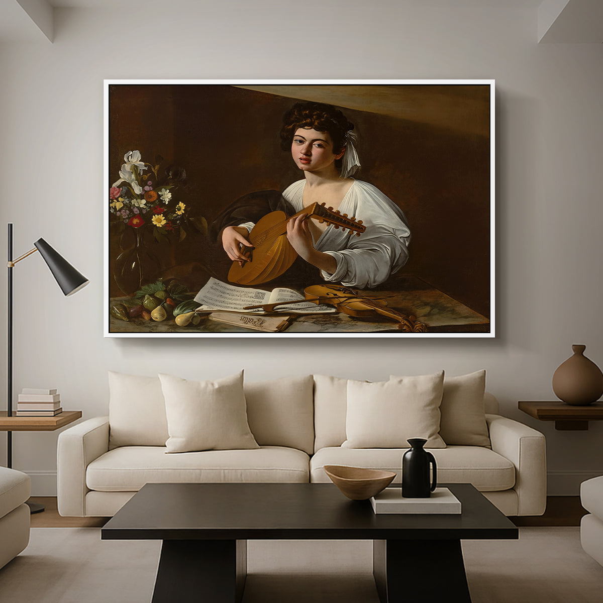The Lute Player (Hermitage Version), c. 1596 by Caravaggio as a white floater framed canvas featuring a young musician playing lute beside table with fruit and sheet music, displayed above a sofa in a modern living room.