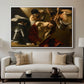 The Crowning with Thorns (Vienna Version), c. 1602-1604 by Caravaggio displayed in a white floater framed canvas above a sofa in a clean living room.