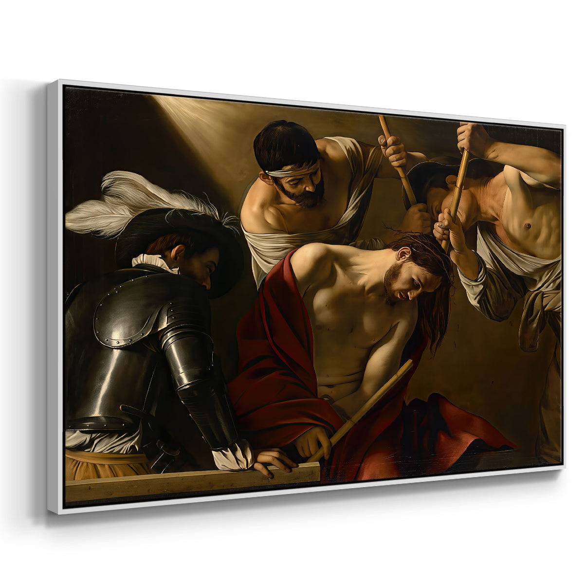 Angled view of The Crowning with Thorns (Vienna Version), c. 1602-1604 by Caravaggio in a white floater framed canvas.