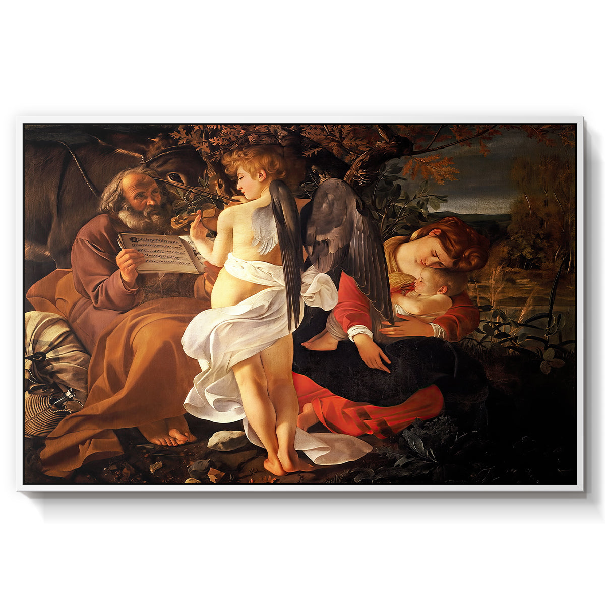 Rest on the Flight into Egypt, c. 1597 by Caravaggio in a white floater framed canvas wall art display.