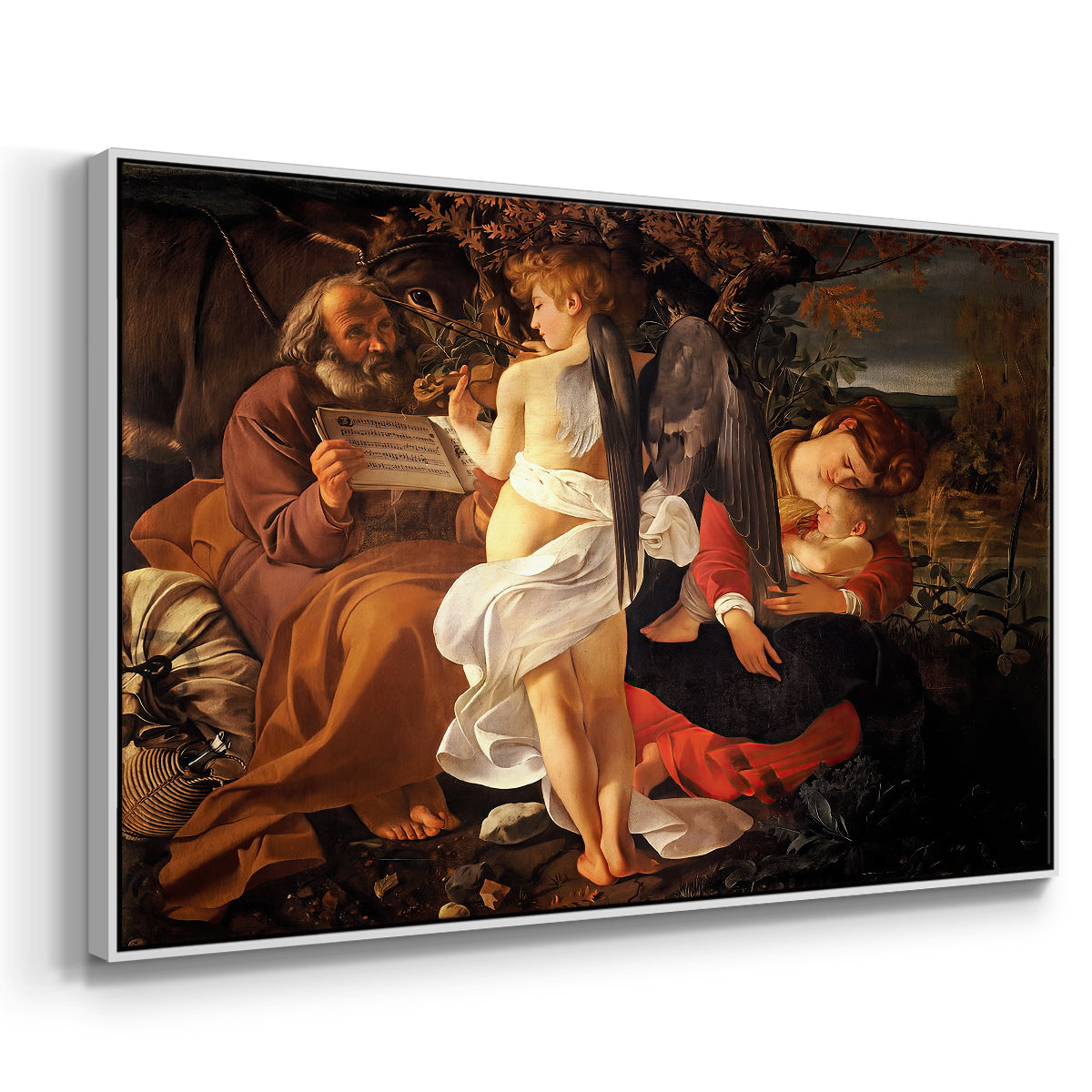 Angled view of Rest on the Flight into Egypt, c. 1597 by Caravaggio in a white floater framed canvas.