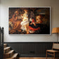 White floater framed canvas featuring a Baroque landscape with angel playing music for resting travelers, displayed in a hallway near a staircase.