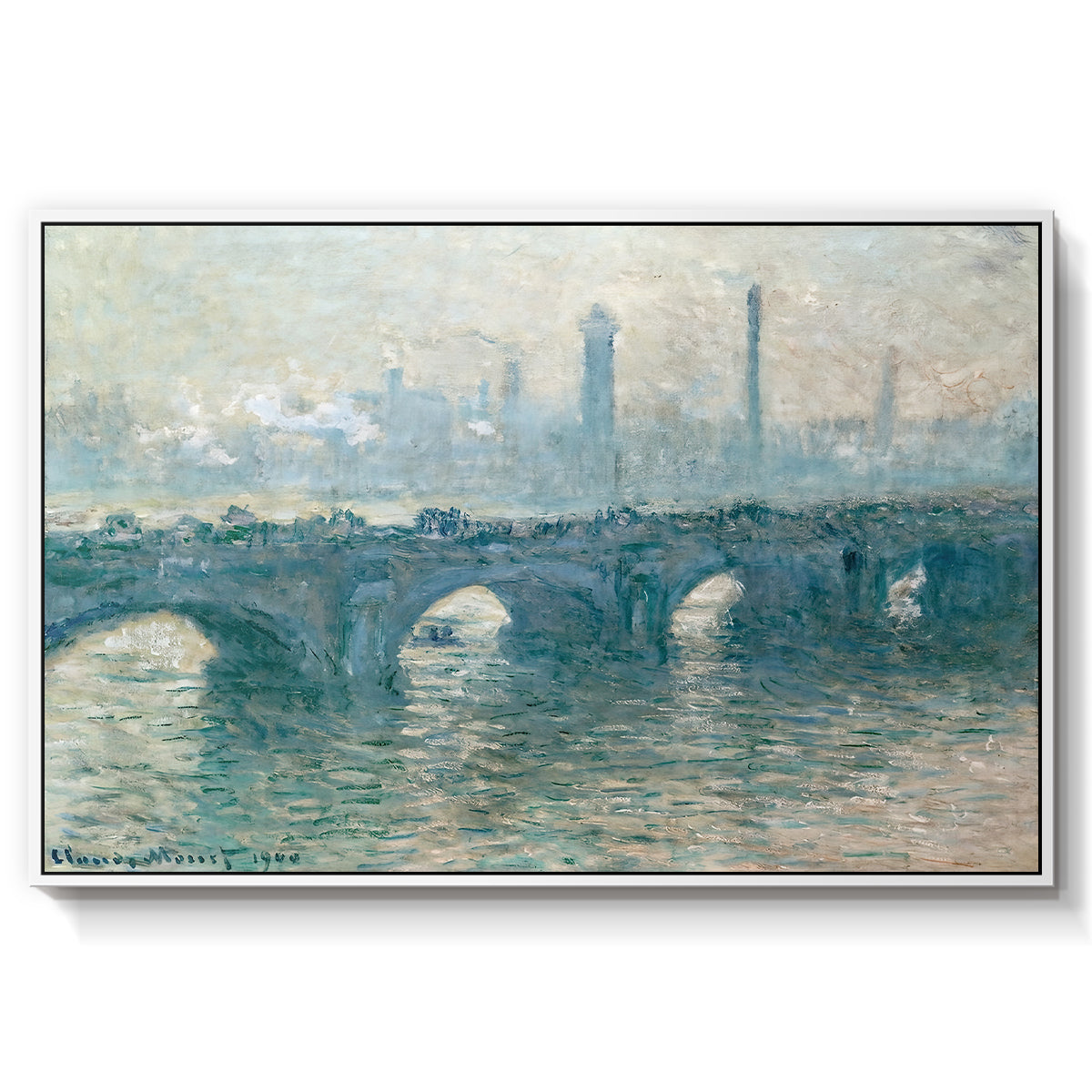 Waterloo Bridge, Gray Weather, 1900 by Claude Monet in a white floater framed canvas wall art display.