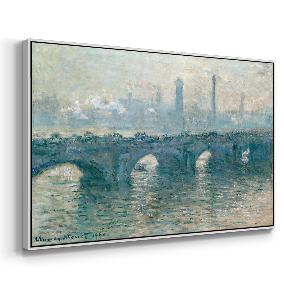 Angled view of Waterloo Bridge, Gray Weather, 1900 by Claude Monet in a white floater framed canvas.