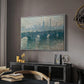 Waterloo Bridge, Gray Weather, 1900 by Claude Monet in a white floater framed canvas featuring a soft-toned river scene with bridge and muted skyline, displayed above a desk in a dark home office interior.