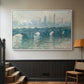 White floater framed canvas featuring an atmospheric urban landscape with misty light and reflections, displayed in a hallway near a staircase.