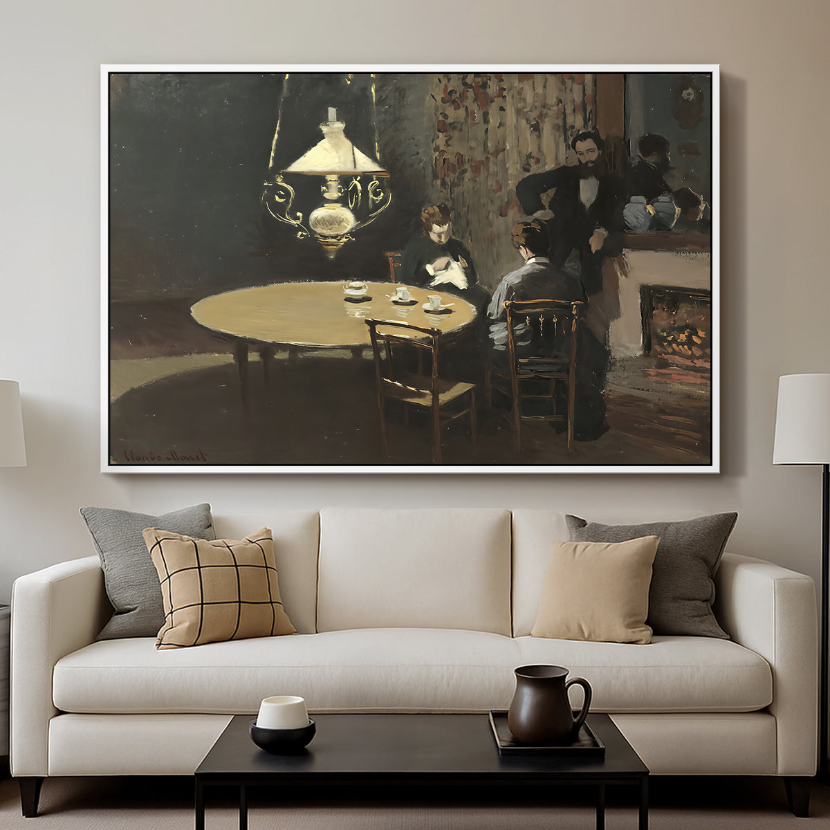 Interior, after Dinner, 1868-1869 by Claude Monet displayed in a white floater framed canvas above a sofa in a clean living room.