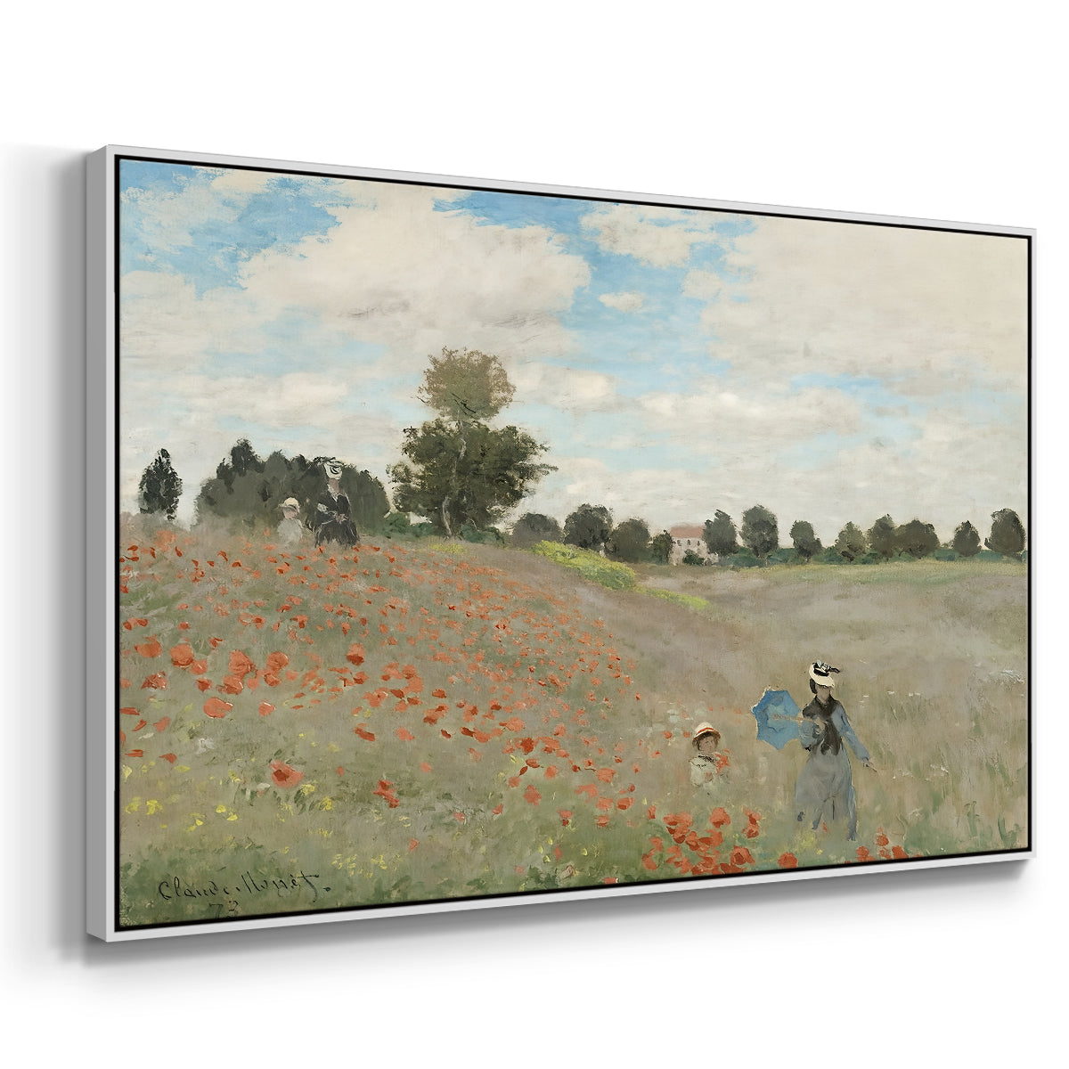 Angled view of The Poppy Field near Argenteuil, 1873 by Claude Monet in a white floater framed canvas.