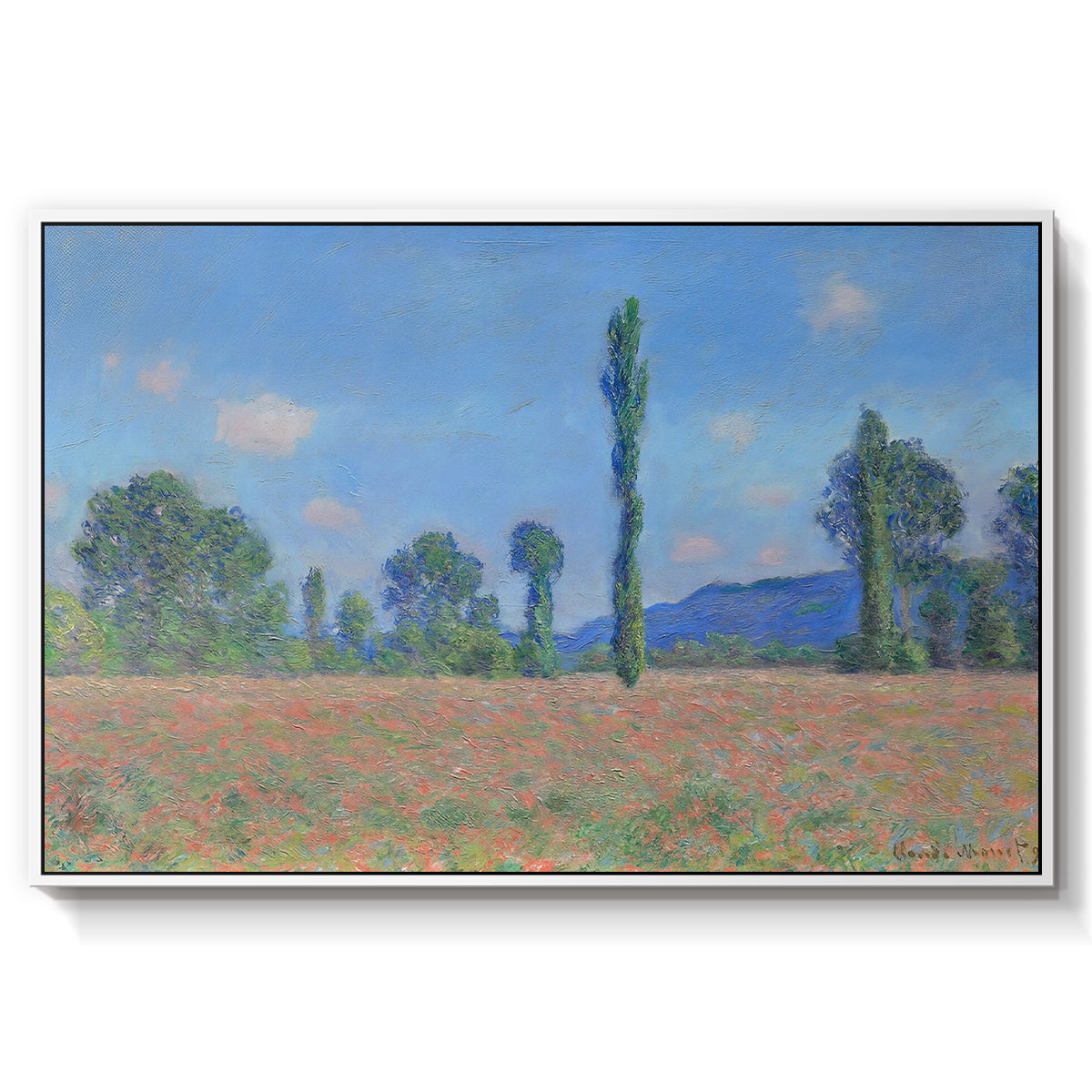 Poppy Field (Giverny), 1890-1891 by Claude Monet in a white floater framed canvas wall art display.