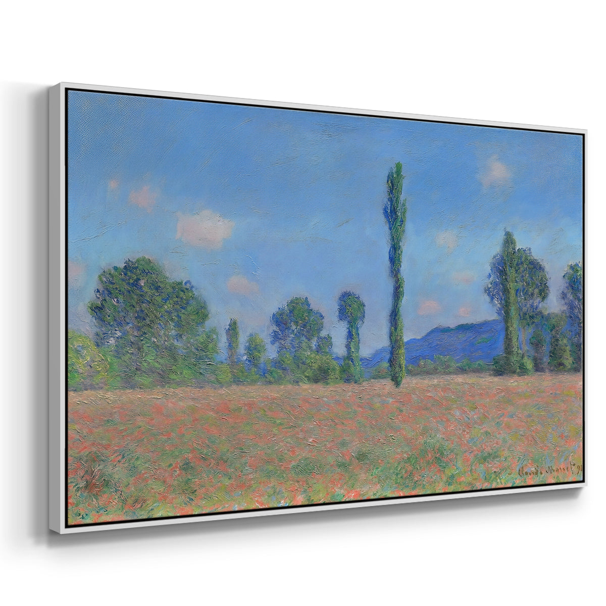 Angled view of Poppy Field (Giverny), 1890-1891 by Claude Monet in a white floater framed canvas.