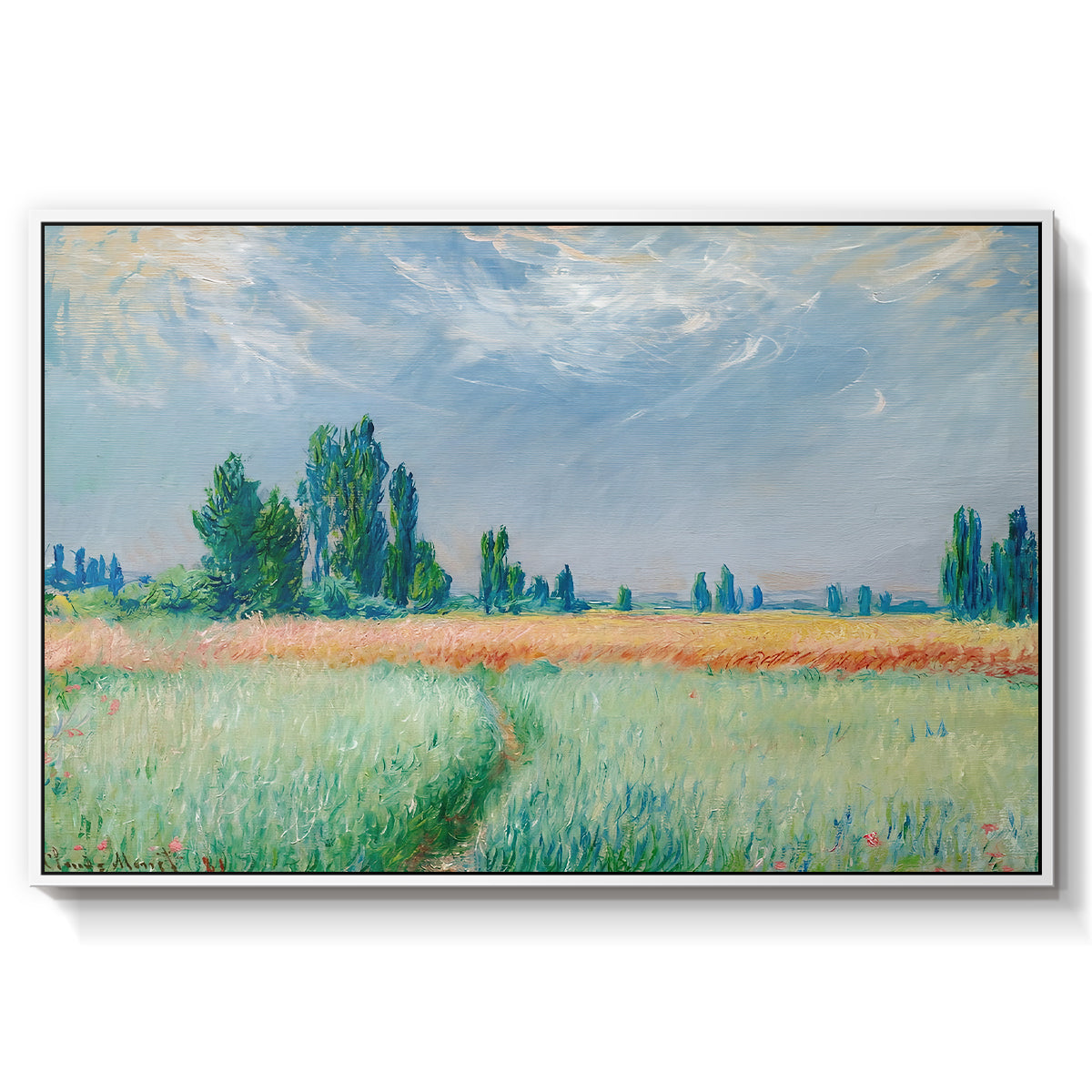 The Wheat Field (Champ de Blé), 1881 by Claude Monet in a white floater framed canvas wall art display.
