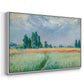 Angled view of The Wheat Field (Champ de Blé), 1881 by Claude Monet in a white floater framed canvas.