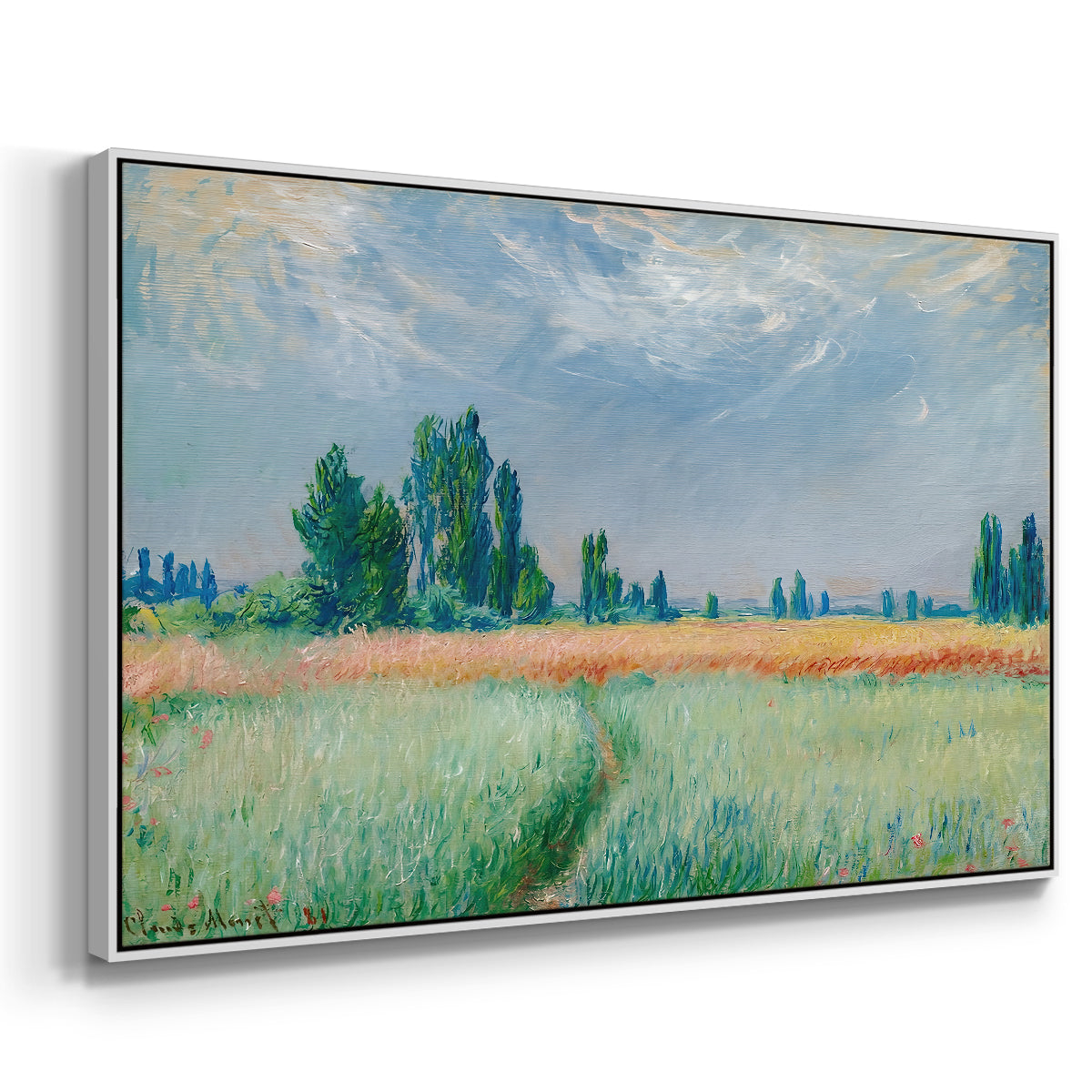 Angled view of The Wheat Field (Champ de Blé), 1881 by Claude Monet in a white floater framed canvas.