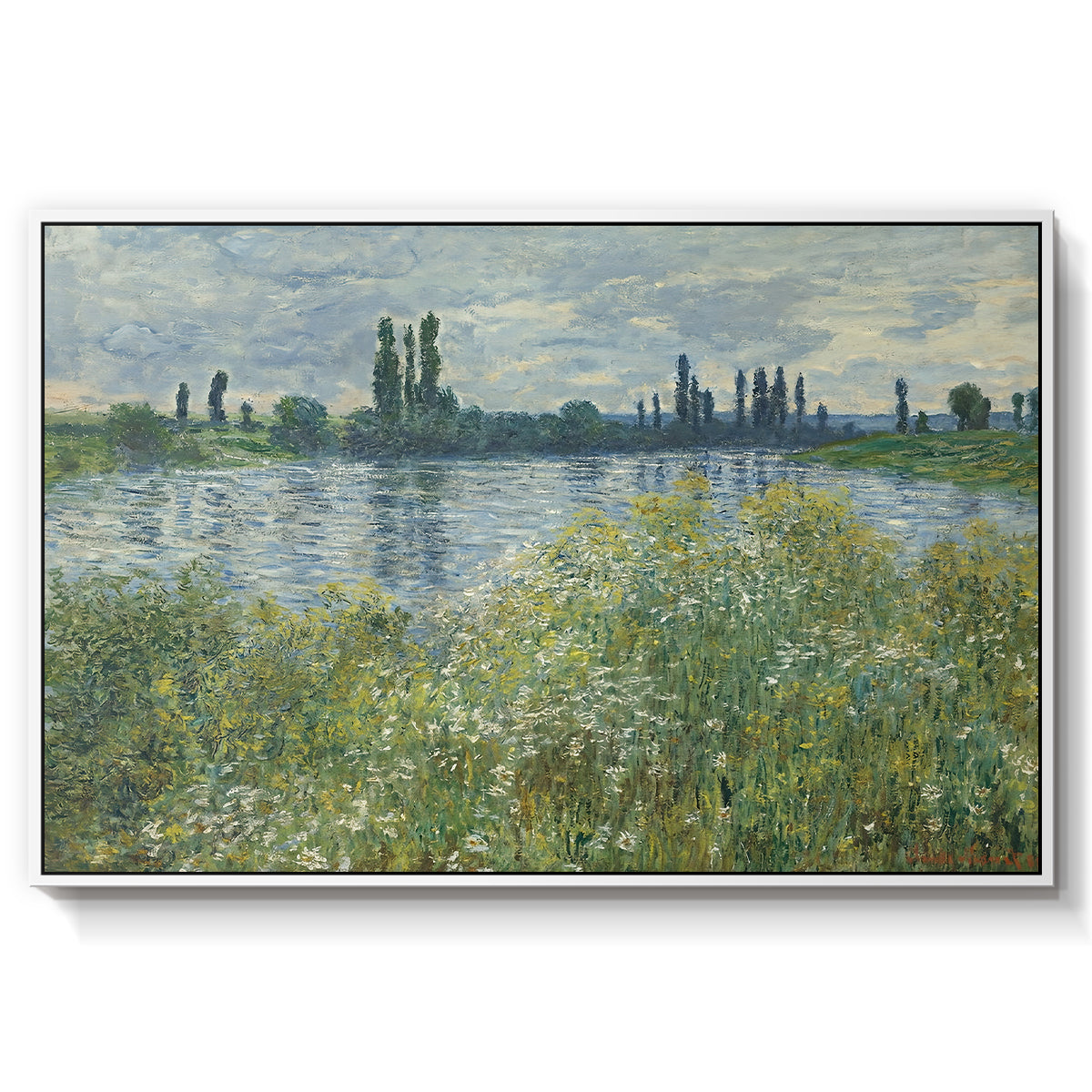 Banks of the Seine, Vétheuil, 1880 by Claude Monet in a white floater framed canvas wall art display.