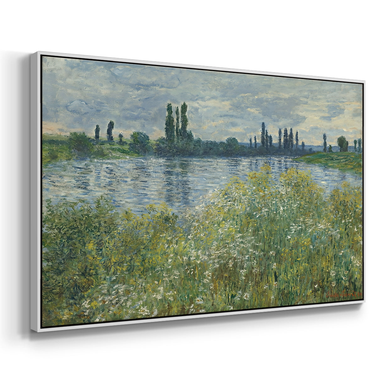 Angled view of Banks of the Seine, Vétheuil, 1880 by Claude Monet in a white floater framed canvas.