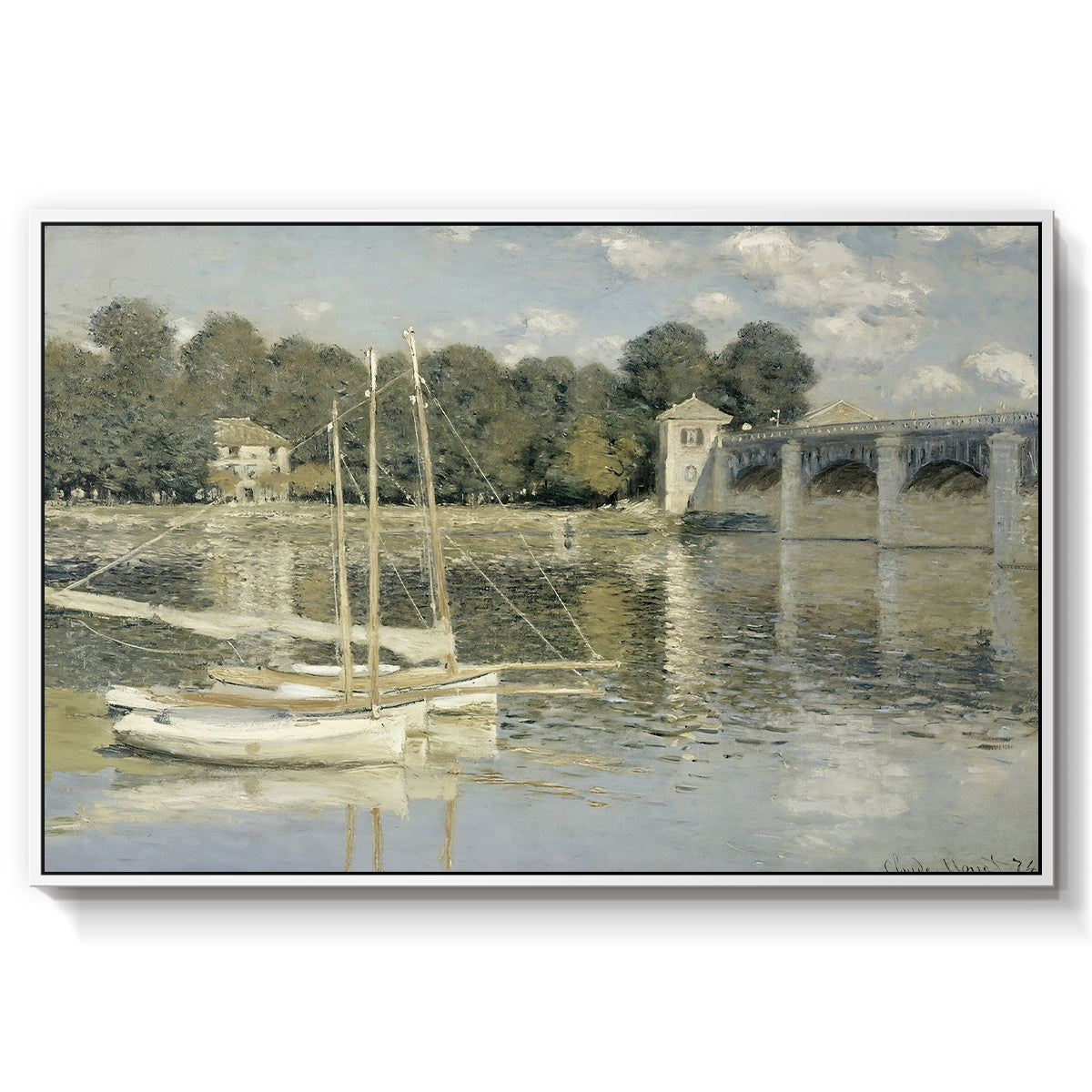The Bridge at Argenteuil, 1874 by Claude Monet in a white floater framed canvas wall art display.