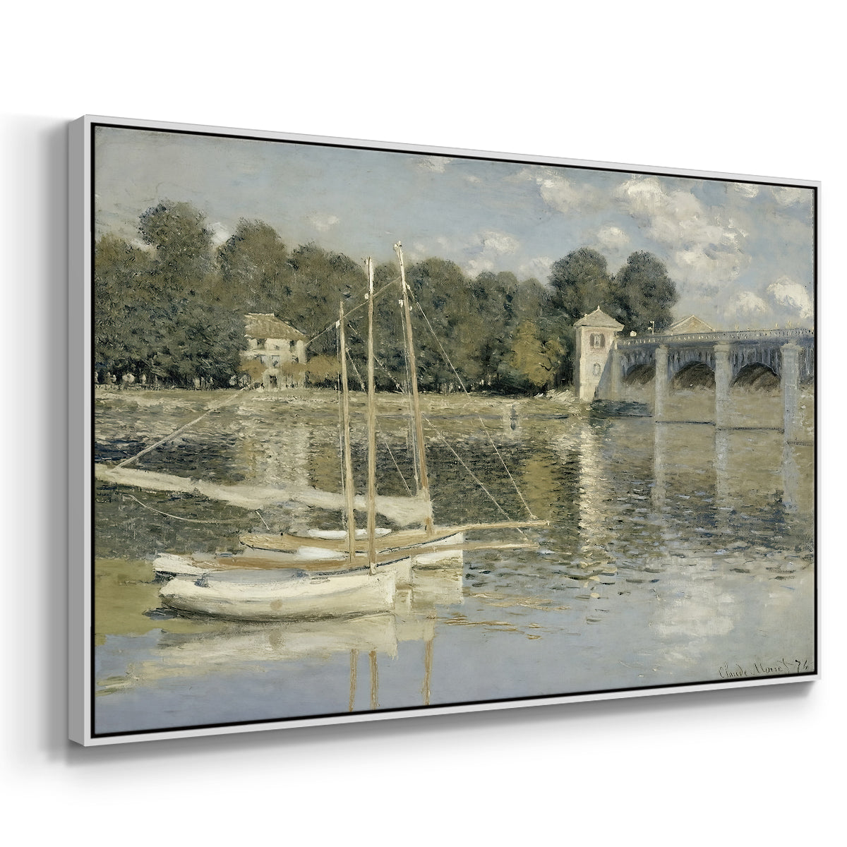 Angled view of The Bridge at Argenteuil, 1874 by Claude Monet in a white floater framed canvas.