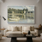 The Bridge at Argenteuil, 1874 by Claude Monet as a white floater framed canvas featuring a bridge spanning river with sailboats and reflections in water, displayed above a sofa in a modern living room.