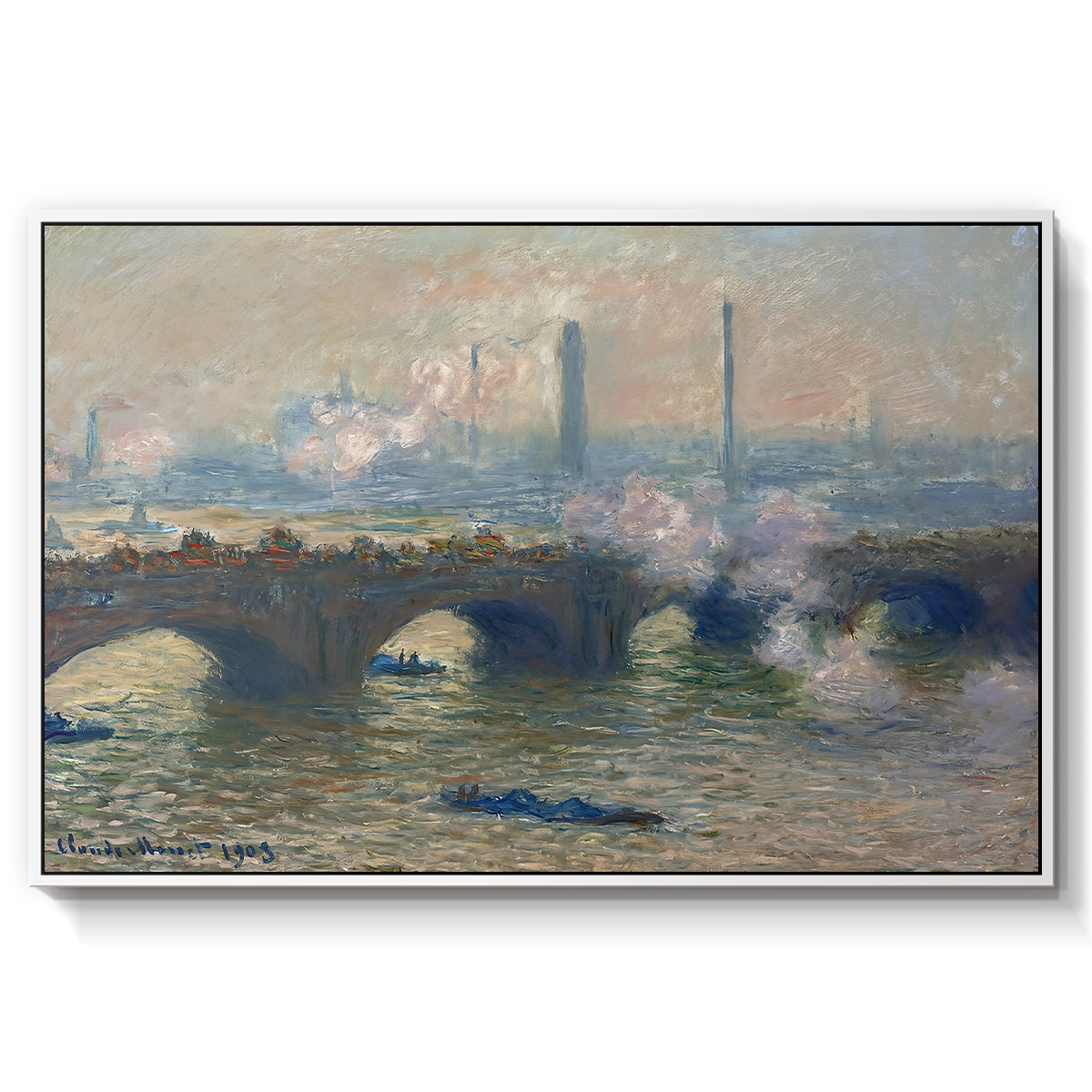 Waterloo Bridge, Gray Day, 1903 by Claude Monet in a white floater framed canvas wall art display.