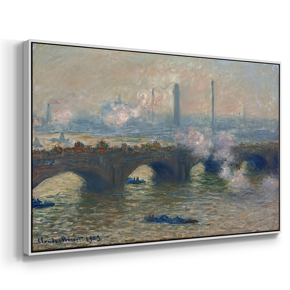 Angled view of Waterloo Bridge, Gray Day, 1903 by Claude Monet in a white floater framed canvas.