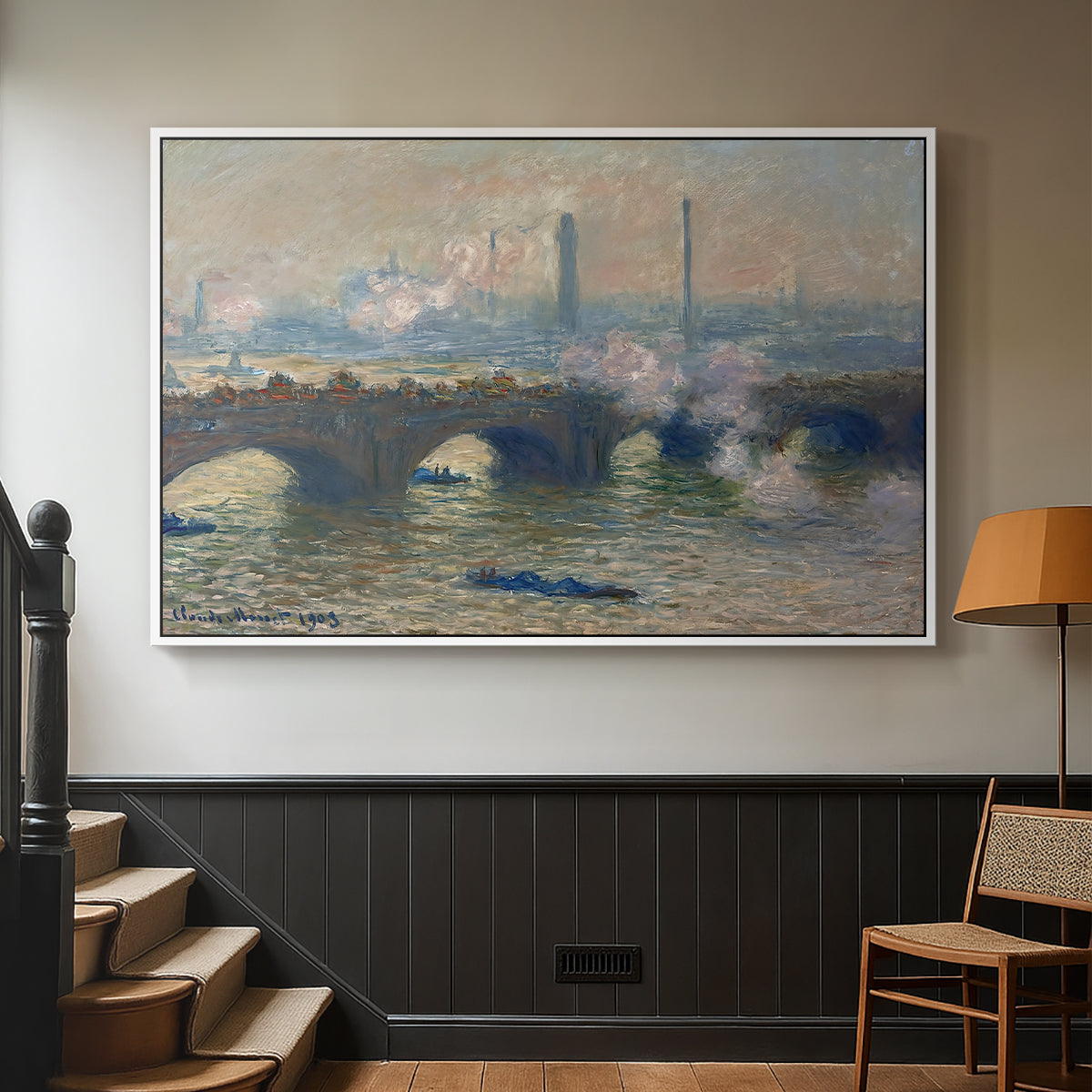 White floater framed canvas featuring a foggy London bridge view with softened architectural forms, displayed in a hallway near a staircase.