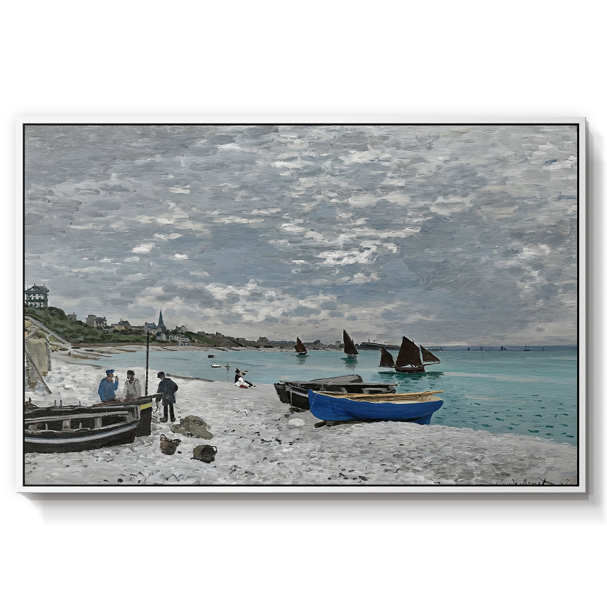 The Beach at Sainte-Adresse, 1867 by Claude Monet in a white floater framed canvas wall art display.