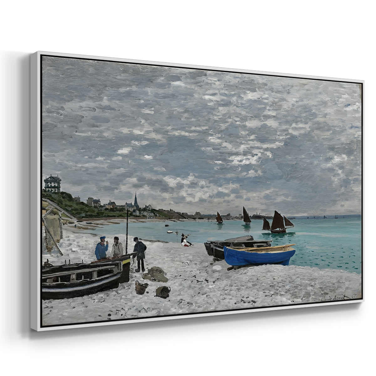 Angled view of The Beach at Sainte-Adresse, 1867 by Claude Monet in a white floater framed canvas.