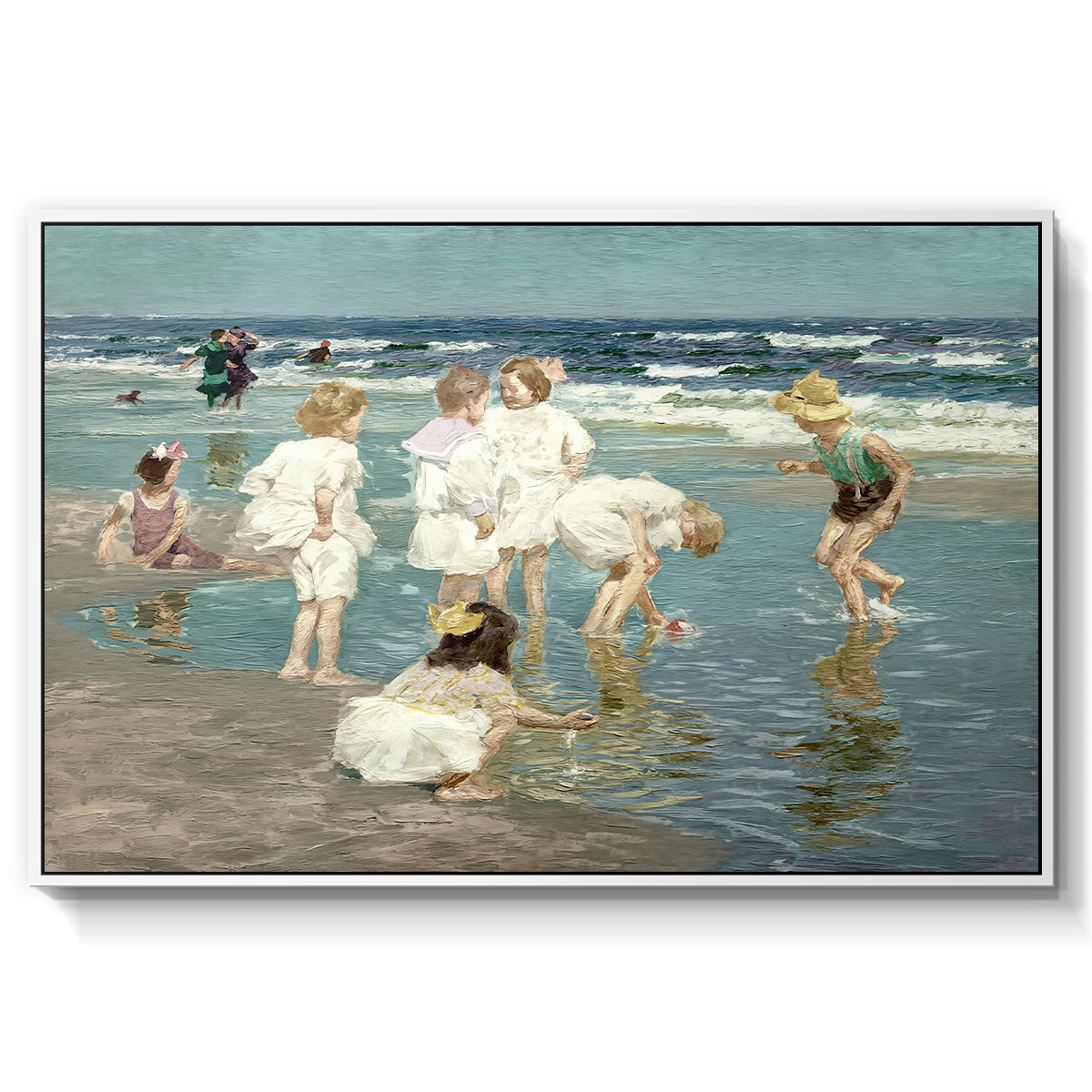 A Holiday, c. 1915 by Edward Henry Potthast in a white floater framed canvas wall art display.