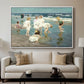 A Holiday, c. 1915 by Edward Henry Potthast displayed in a white floater framed canvas above a sofa in a clean living room.
