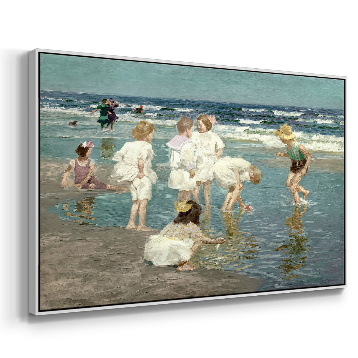 Angled view of A Holiday, c. 1915 by Edward Henry Potthast in a white floater framed canvas.