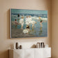 White floater framed canvas of A Holiday, c. 1915 by Edward Henry Potthast, featuring a beach scene with figures bathing and standing in waves under bright sky above a console cabinet in a minimalist entryway.