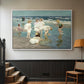 White floater framed canvas featuring a lively shoreline scene with people gathered in surf, displayed in a hallway near a staircase.